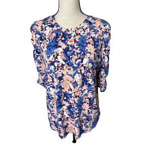 Chicos Women Blue Coral Floral Ruched Sleeve Blouse Top Size 2 L Large